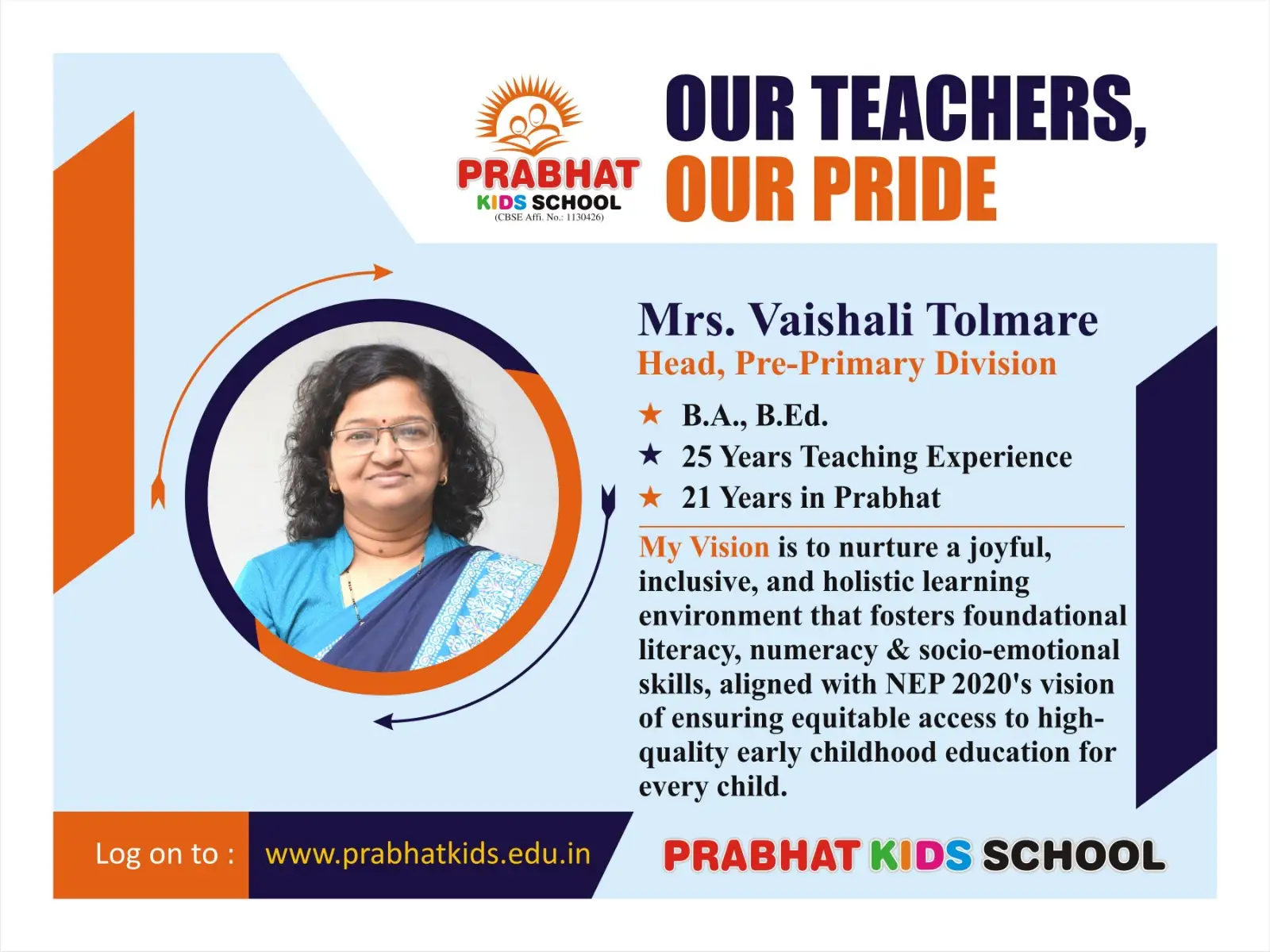 Profile of Mrs. Vaishali Tolmare (Head, Pre Primary Division)