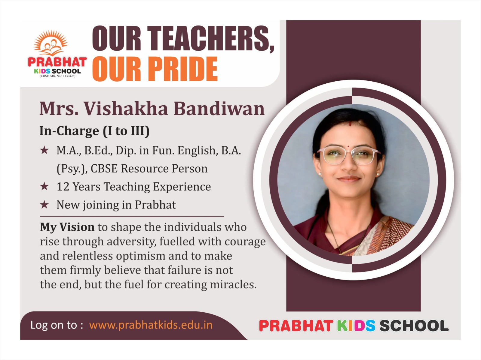 Profile of Mrs. Vishakha Bandiwan (In-charge (I to III))